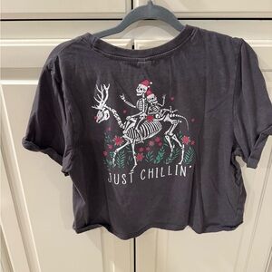 Electric Pink Black Crop Top with Skeleton Graphic